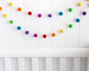 Rainbow Felt Ball Garland - Gender Neutral Pom Pom Bunting - Kids Room Banner - Playroom Decor - Party String - Nursery Wall Hanging Shelves