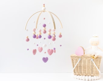Pink and Lilac Heart Baby Mobile - Baby Girl Mobile - Baby Girl Nursery Mobile - Pink and Purple Baby Mobile - Felt Ball Mobile