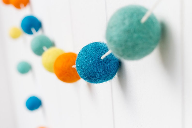 Felt Ball Garland. Orange Aqua Pom Pom Garland. Kids Room Decor. Nursery Bunting. Birthday Party Garland. Nursery Decor. Gender Neutral image 3