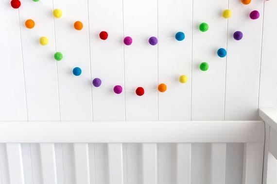 Rainbow Felt Ball Garland – Gender Neutral Pom Pom Bunting for Playroom and Nursery Decor