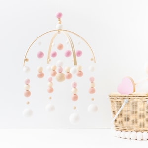 Pink and Blush Baby Mobile - Girl Felt Pom Pom Crib Mobile - Minimalist Wool Ball Nursery Cot Mobile - Wooden Arch Ceiling Mobile Decoration