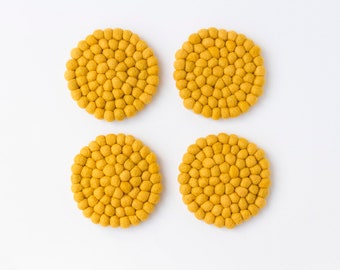 Mustard Yellow Felt Coasters - Wool Ball Drink Coasters - Tea Coasters - Drink Mat - Coaster Pads - Cup Coasters - Pom Pom Coasters