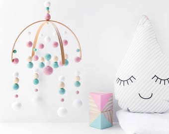 Pink and Aqua Baby Mobile Girl - Baby Girl Mobile - Girl Nursery Mobile - Felt Ball Mobile - Felt Mobile - Ceiling Mobile