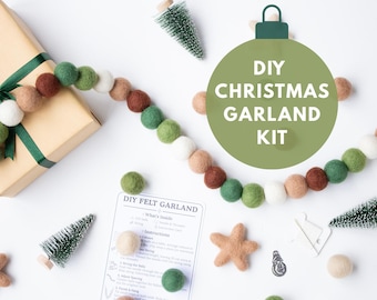 DIY Christmas Felt Garland Kit – Woodland Green Cream Brown Wool Balls – Holiday Craft Kit