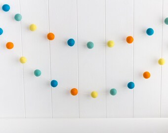 Aqua and Yellow Gender Neutral Felt Ball Garland - Pom Pom Bunting - Kids Room Banner - Playroom Decor - Party String - Nursery Wall Hanging