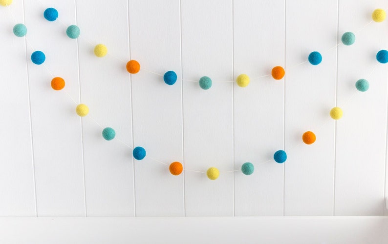 Felt Ball Garland. Orange Aqua Pom Pom Garland. Kids Room Decor. Nursery Bunting. Birthday Party Garland. Nursery Decor. Gender Neutral image 1