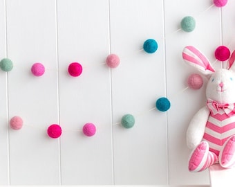 Felt Ball Garland. Pink Turquoise Pom Pom Garland. Girls Room Decor. Nursery Bunting. Birthday Party Garland. Photo Props. Mint Aqua