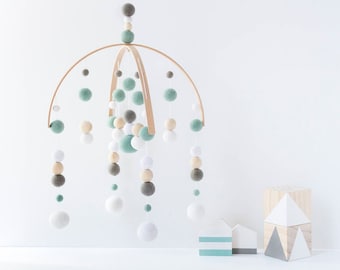 Mint and Grey Baby Mobile - Gender Neutral Baby Mobile - Gender Neutral Nursery Mobile - Felt Ball Mobile - Ceiling Mobile