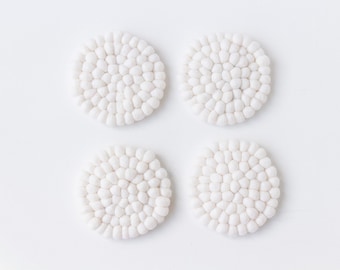 White Felt ball coasters set. White Pom Pom Coasters. Modern Cup Coasters. Housewarming Gift. Hostess Gift. Coffee Table Coasters