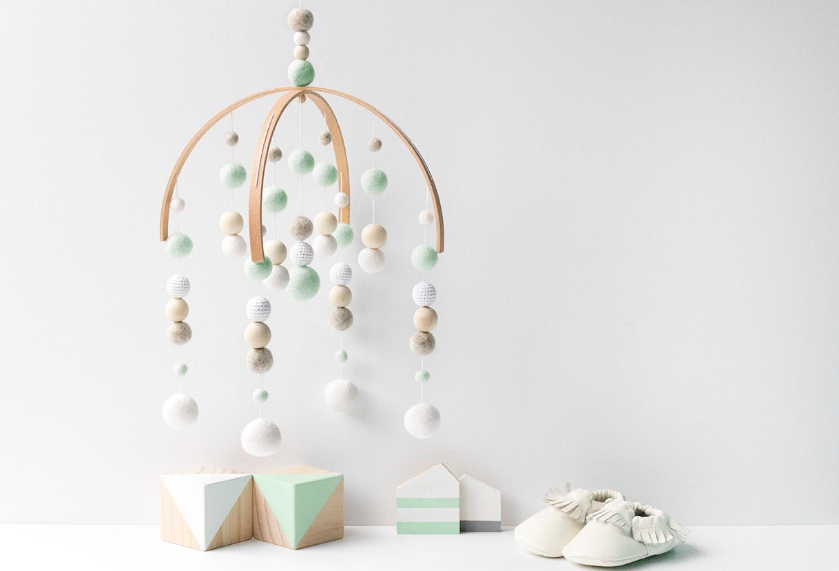Mint Baby Mobile - Gender Neutral Seafoam Green Nursery Felt Ball Mobile