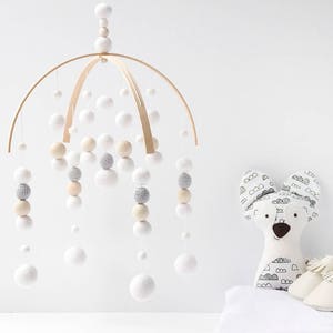White and Grey Baby Mobile White Baby Mobile Gender Neutral Nursery Mobile Felt Ball Mobile Ceiling Mobile Mobile Baby image 1