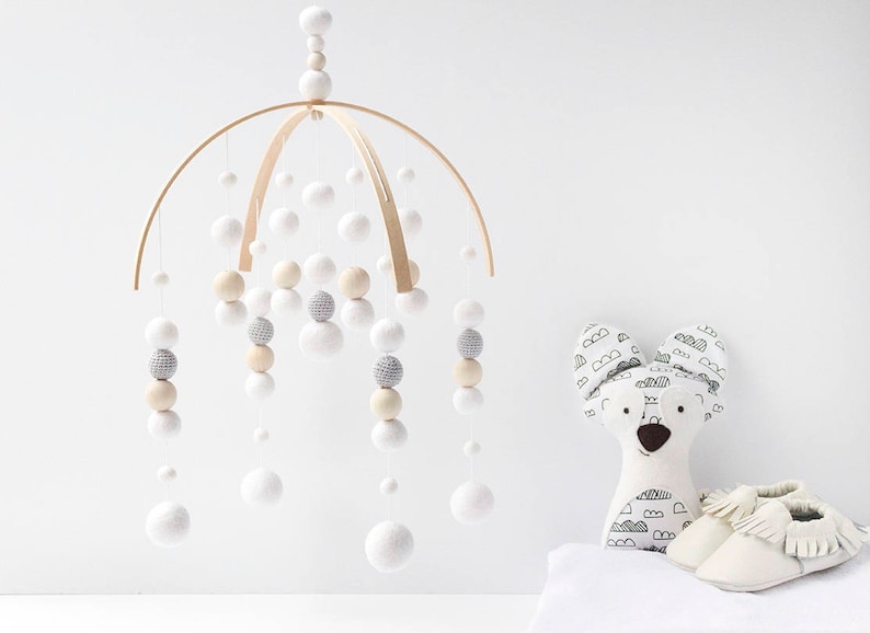 White and Grey Baby Mobile White Baby Mobile Gender Neutral Nursery Mobile Felt Ball Mobile Ceiling Mobile Mobile Baby image 1