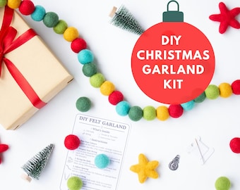 DIY Christmas Felt Garland Kit – Merry Bright Red Green Aqua Mustard Wool Balls – Holiday Craft Kit