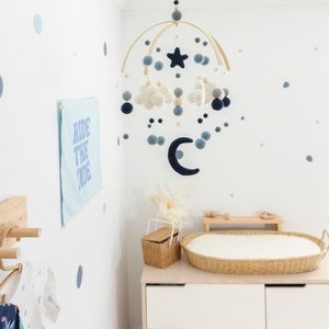 Navy Blue and Grey Boy Cloud and Moon Baby Mobile Baby Boy Baby Mobile Navy Blue Nursery Felt Ball Mobile Cloud Moon Star image 2