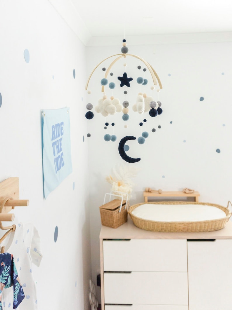 Navy Blue and Grey Boy Cloud and Moon Baby Mobile Baby Boy Baby Mobile Navy Blue Nursery Felt Ball Mobile Cloud Moon Star image 2