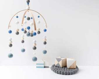 Blue and Grey Baby Boy Mobile - Baby Mobile Boy - Boy Nursery Mobile - Felt Ball Mobile - Felt Mobile - Ceiling Mobile