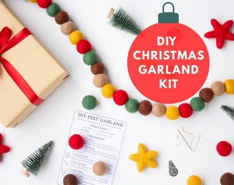 DIY Christmas Felt Garland Kit – Rustic Red Green Mustard Wool Balls – Holiday Craft Kit