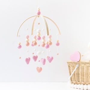 Baby Pink and Blush Heart Baby Mobile - Baby Girl Mobile - Baby Girl Nursery Mobile - Pink Baby Mobile - Felt Ball Mobile
