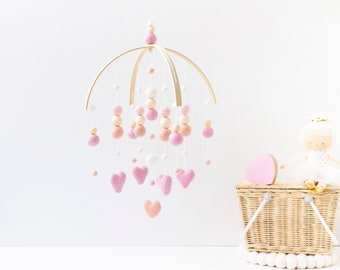 Baby Pink and Blush Heart Baby Mobile - Baby Girl Mobile - Baby Girl Nursery Mobile - Pink Baby Mobile - Felt Ball Mobile