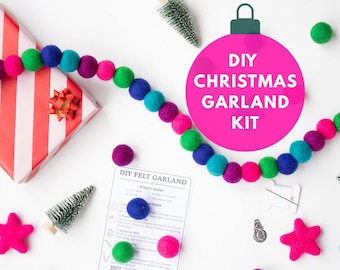 DIY Christmas Felt Garland Kit – Jewel Tone Pink Green Blue Wool Balls – Holiday Craft Kit