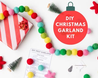 DIY Christmas Felt Garland Kit – Candy Bright Red Green Pink Wool Balls – Handmade Holiday Decor Craft Kit