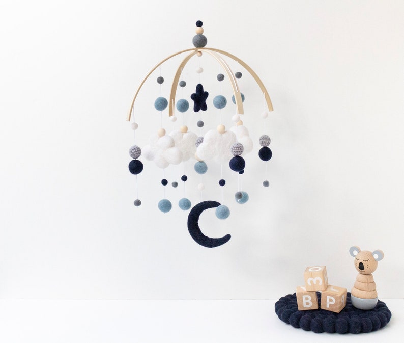 Navy Blue and Grey Boy Cloud and Moon Baby Mobile Baby Boy Baby Mobile Navy Blue Nursery Felt Ball Mobile Cloud Moon Star image 1