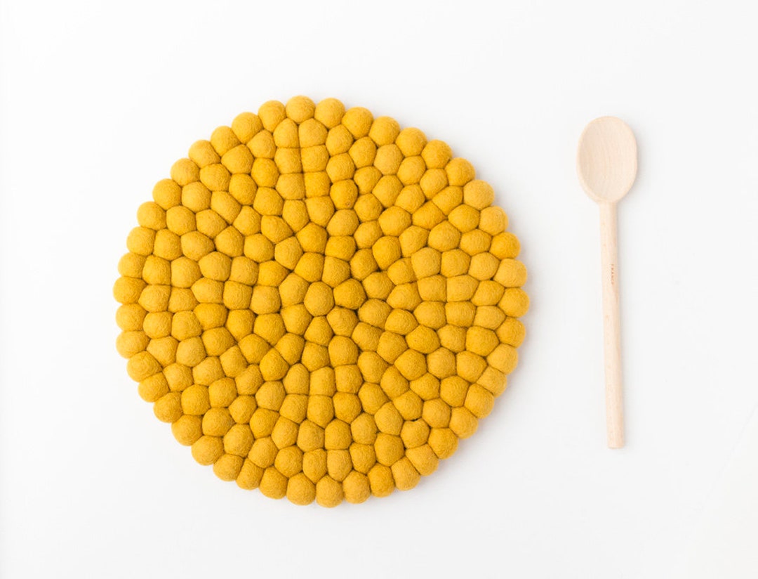 Mustard Large Felt Ball Placemat. 30cm Dining Wool Placemat. Etsy
