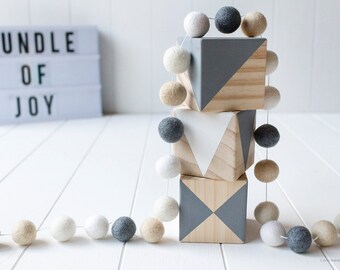 Grey and Beige Gender Neutral Felt Ball Garland - Pom Pom Bunting - Kids Room Banner - Playroom Decor - Party String - Nursery Wall Hanging