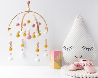 Pink and Mustard Baby Mobile Girl - Baby Girl Mobile - Girl Nursery Mobile - Felt Ball Mobile - Ceiling Mobile