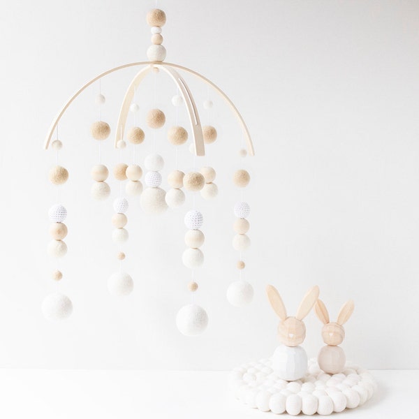Cream and White Baby Mobile - Gender Neutral Baby Mobile - Gender Neutral Nursery Mobile - Felt Ball Nursery Mobile