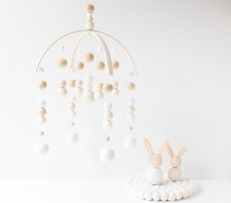 Cream and White Baby Mobile Gender Neutral Baby Mobile Gender Neutral Nursery Mobile Felt Ball Nursery Mobile image 1