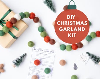 DIY Christmas Felt Garland Kit – Rustic Green Orange Brown Wool Balls – Holiday Craft Kit