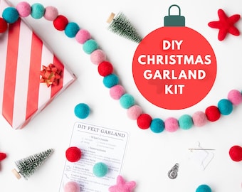 DIY Christmas Felt Garland Kit – Candy Cane Red Pink Aqua Wool Balls – Holiday Craft Kit