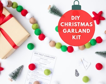 DIY Christmas Felt Garland Kit – Classic Red Green White Wool Balls – Handmade Holiday Decor Craft Kit