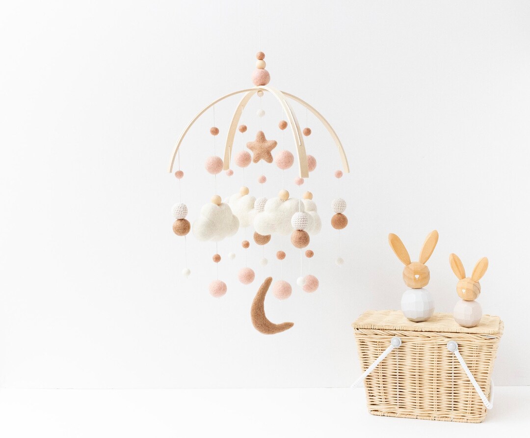 Blush and Beige Girl Cloud and Moon Baby Mobile Blush Pink Baby Girl ...