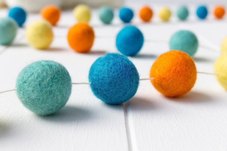 Felt Ball Garland. Orange Aqua Pom Pom Garland. Kids Room Decor. Nursery Bunting. Birthday Party Garland. Nursery Decor. Gender Neutral image 2