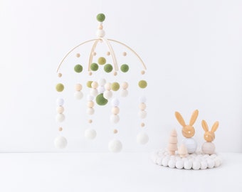 Sage Green and Cream Baby Mobile - Gender Neutral Baby Mobile - Green Baby Nursery Mobile - Sage Baby Mobile - Felt Ball Mobile