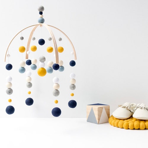 Contemporary Blue and Grey Felt Ball Mobile Baby Nursery Etsy