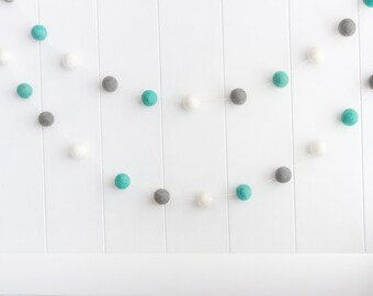 Grey and Aqua Gender Neutral Felt Ball Garland - Pom Pom Bunting - Kids Room Banner - Playroom Decor - Party String - Nursery Wall Hanging