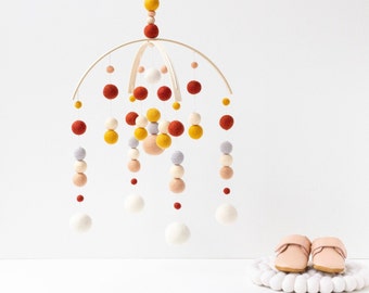 Rust, Mustard and Peach Baby Mobile - Gender Neutral Baby Mobile - Baby Girl Nursery Mobile - Felt Ball Mobile - Scandi Boho Nursery