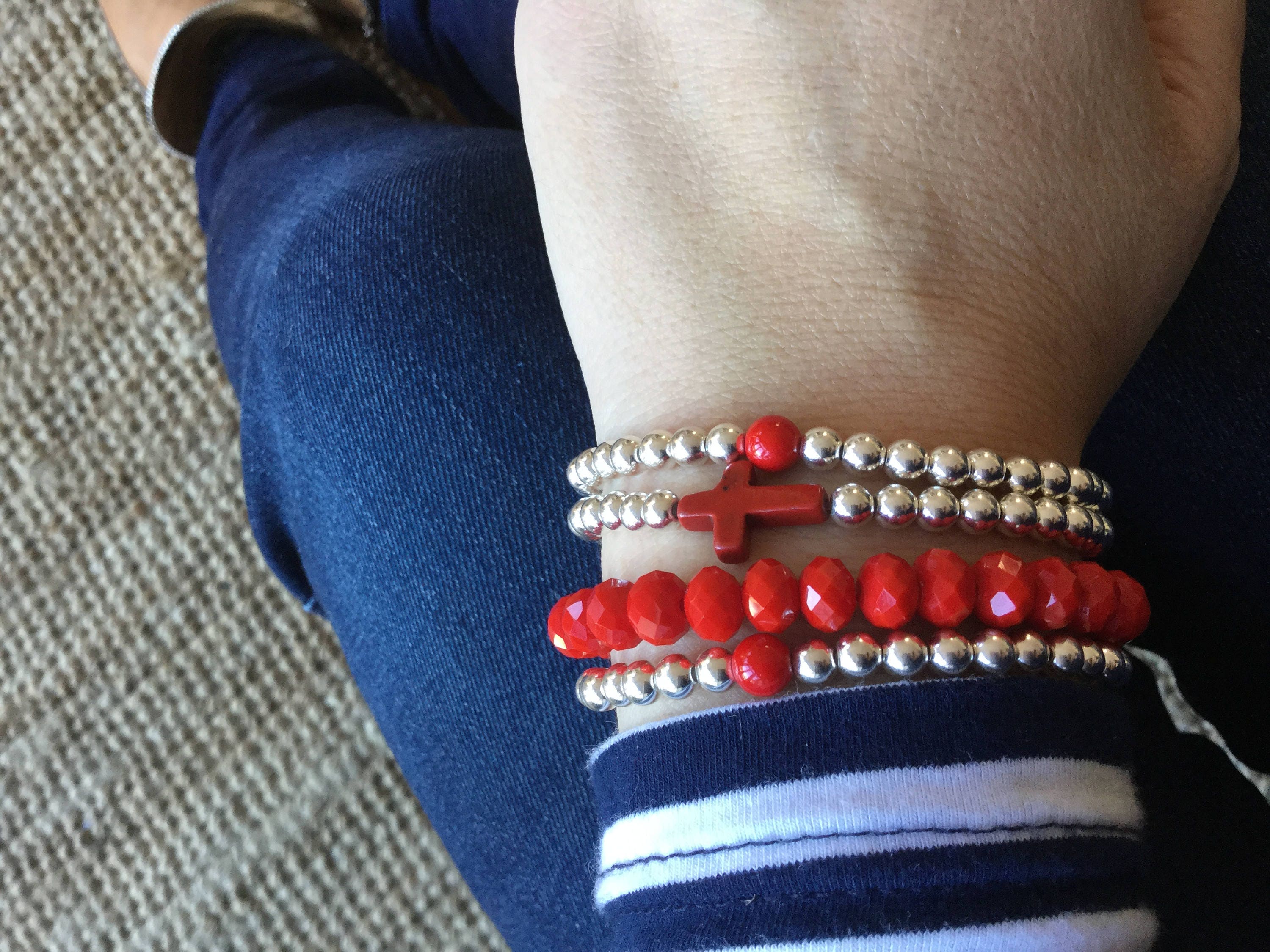 Red bracelet stack silver beads & crystal beads. The bohemian