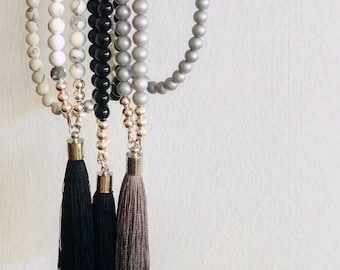 Long Beaded Tassel Necklace. Choose either a black beaded, marble beaded and or a silver beaded long tassel necklace.