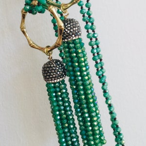 Long knotted green beaded tassel necklace. Bohemian necklace. Long crystal beaded tassel necklace.