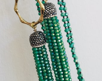 Long knotted green beaded tassel necklace. Bohemian necklace. Long crystal beaded tassel necklace.