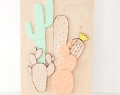 Cactus art. Cactus painting. Desert art.  Nature art. Wood burning art. Cactus illustration. Succulent art.