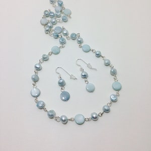 Light Blue, Cultured Freshwater Pearl, Mother of Pearl Shell, Non Tarnish Silver Plated Wire Necklace, Sterling Silver Earrings, Baby Blue