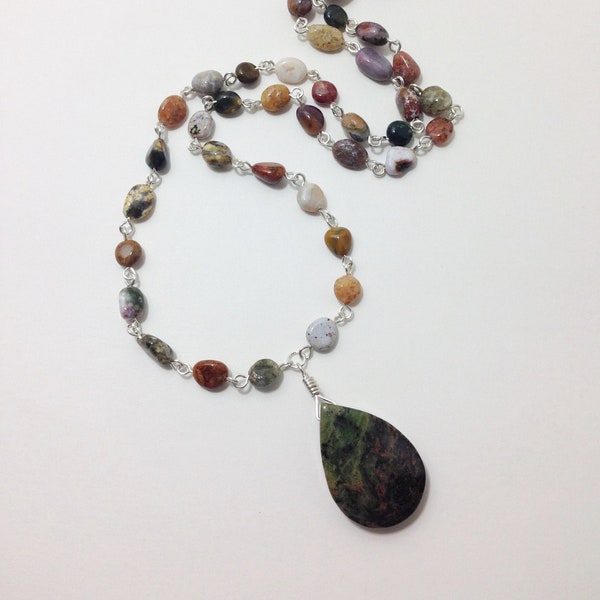 Fancy Jasper Pebbles and Pendant, Non-Tarnish Silver Plated Wire, Natural Earthy Colors, Long Pendant Necklace