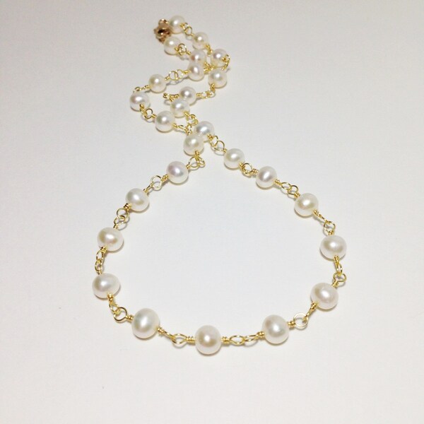 White Cultured Freshwater Pearl, Premium Non Tarnish Gold Wire, 14kt Gold Filled Clasp, Necklace, White Pearl Necklace