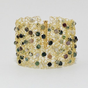 Extra Wide, Statement Cuff Bracelet, Fancy Japser Gemstone, Non-Tarnish Gold Wire, Wire Crochet, Slide Clasp, Gift for Her
