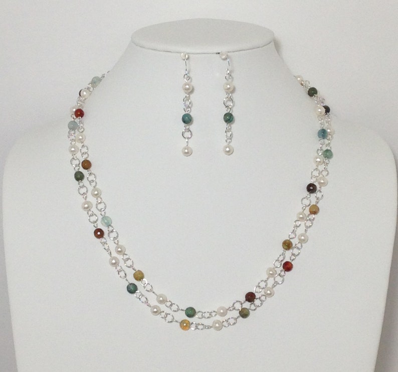 Multi Color Faceted Agate Stone Extra Long Necklace Sterling Silver Wire White Cultured Freshwater Pearl Sterling Silver Earrings